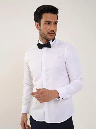 Dufy Beyaz Erkek Slim Fit Düz Ata Yaka Uzun Kol Gömlek - 89394