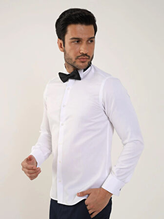 Dufy Beyaz Erkek Slim Fit Düz Ata Yaka Uzun Kol Gömlek - 89394