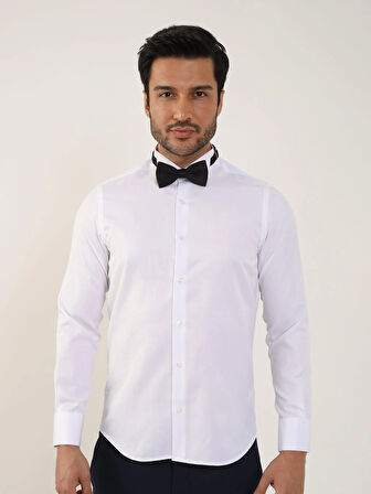Dufy Beyaz Erkek Slim Fit Düz Ata Yaka Uzun Kol Gömlek - 89394