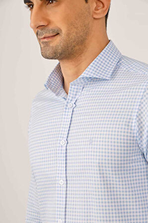 Dufy Açık Mavi Erkek Slim Fit Ekose Desenli Yarım İtalyan Yaka Uzun Kol Gömlek - 89999