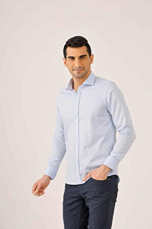 Dufy Açık Mavi Erkek Slim Fit Ekose Desenli Yarım İtalyan Yaka Uzun Kol Gömlek - 89999