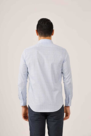 Dufy Açık Mavi Erkek Slim Fit Ekose Desenli Yarım İtalyan Yaka Uzun Kol Gömlek - 89999