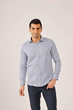 Dufy Koyu Mavi Erkek Slim Fit Ekose Desenli Yarım İtalyan Yaka Uzun Kol Gömlek - 90004
