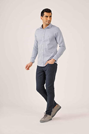Dufy Koyu Mavi Erkek Slim Fit Ekose Desenli Yarım İtalyan Yaka Uzun Kol Gömlek - 90004