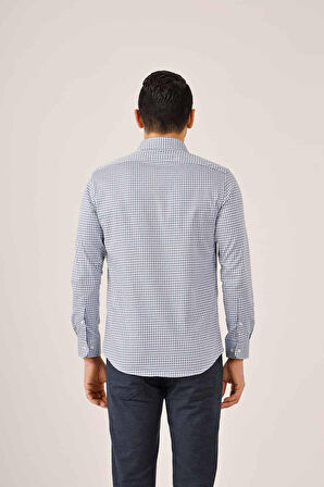 Dufy Koyu Mavi Erkek Slim Fit Ekose Desenli Yarım İtalyan Yaka Uzun Kol Gömlek - 90004