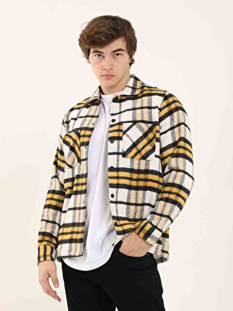 Dufy Sarı Erkek Regular Fit Ekose Desenli Brent Yaka Uzun Kol Oduncu Gömlek - 90497