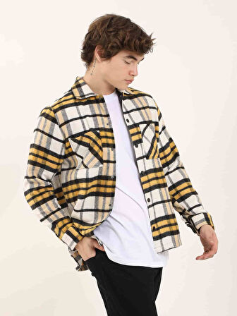 Dufy Sarı Erkek Regular Fit Ekose Desenli Brent Yaka Uzun Kol Oduncu Gömlek - 90497