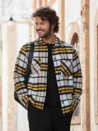 Dufy Sarı Erkek Regular Fit Ekose Desenli Brent Yaka Uzun Kol Oduncu Gömlek - 90497