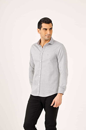 Dufy Koyu Gri Erkek Slim Fit Ekose Desenli Yarım İtalyan Yaka Uzun Kol Gömlek - 90539