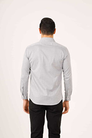 Dufy Koyu Gri Erkek Slim Fit Ekose Desenli Yarım İtalyan Yaka Uzun Kol Gömlek - 90539