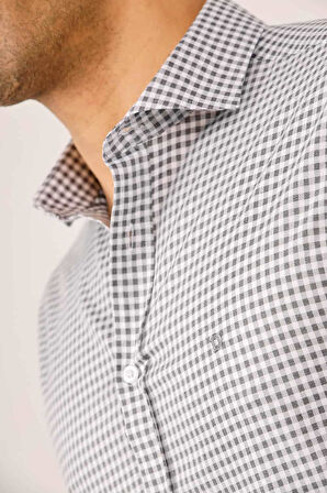 Dufy Koyu Gri Erkek Slim Fit Ekose Desenli Yarım İtalyan Yaka Uzun Kol Gömlek - 90539