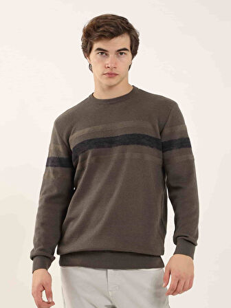 Dufy Haki Erkek Slim Fit Çizgili Bisiklet Yaka Kazak - 90599