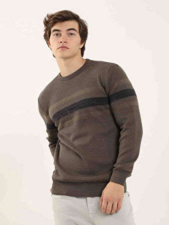 Dufy Haki Erkek Slim Fit Çizgili Bisiklet Yaka Kazak - 90599