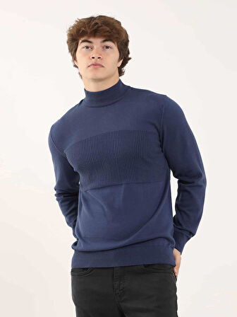 Dufy İndigo Erkek Regular Fit Desenli Dik Yaka Kazak - 90634