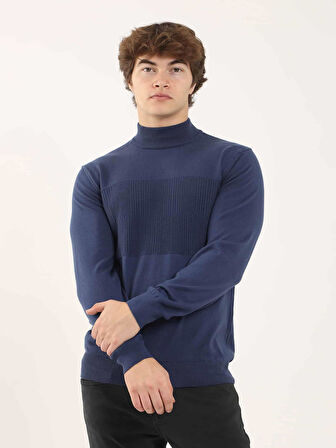 Dufy İndigo Erkek Regular Fit Desenli Dik Yaka Kazak - 90634