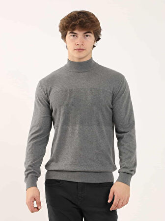 Dufy Gri Melanj Erkek Regular Fit Desenli Dik Yaka Kazak - 90649