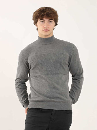 Dufy Gri Melanj Erkek Regular Fit Desenli Dik Yaka Kazak - 90649