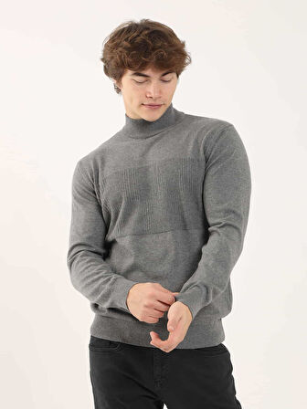 Dufy Gri Melanj Erkek Regular Fit Desenli Dik Yaka Kazak - 90649