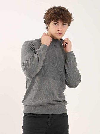 Dufy Gri Melanj Erkek Regular Fit Desenli Dik Yaka Kazak - 90649