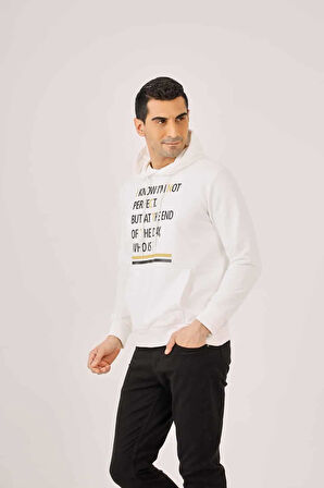 Dufy Ekru Erkek Regular Fit Baskılı Pamuklu Kapüşonlu Sweatshirt - 90900