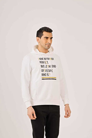 Dufy Ekru Erkek Regular Fit Baskılı Pamuklu Kapüşonlu Sweatshirt - 90900