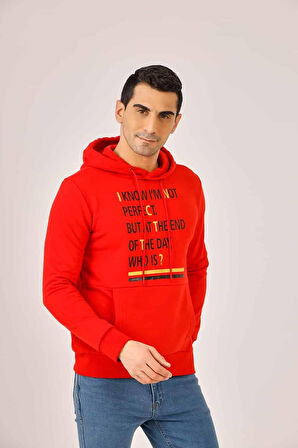 Dufy Kırmızı Erkek Regular Fit Baskılı Pamuklu Kapüşonlu Sweatshirt - 90905