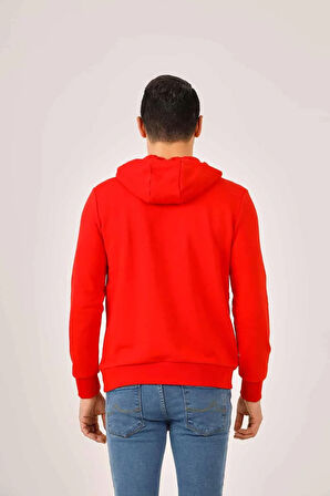 Dufy Kırmızı Erkek Regular Fit Baskılı Pamuklu Kapüşonlu Sweatshirt - 90905