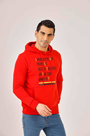 Dufy Kırmızı Erkek Regular Fit Baskılı Pamuklu Kapüşonlu Sweatshirt - 90905