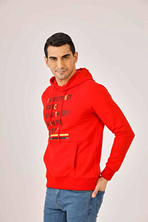 Dufy Kırmızı Erkek Regular Fit Baskılı Pamuklu Kapüşonlu Sweatshirt - 90905