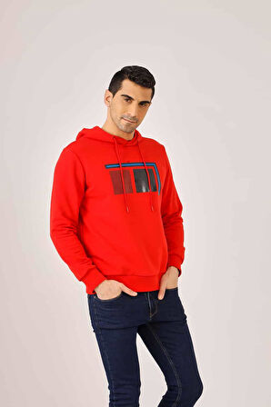 Dufy Kırmızı Erkek Regular Fit Baskılı  Kapüşonlu Sweatshirt - 90915