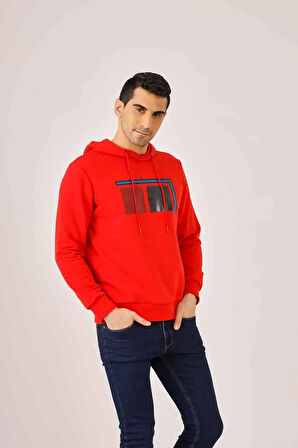 Dufy Kırmızı Erkek Regular Fit Baskılı  Kapüşonlu Sweatshirt - 90915