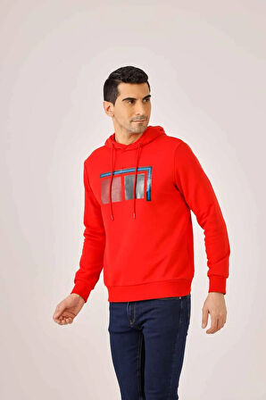 Dufy Kırmızı Erkek Regular Fit Baskılı  Kapüşonlu Sweatshirt - 90915