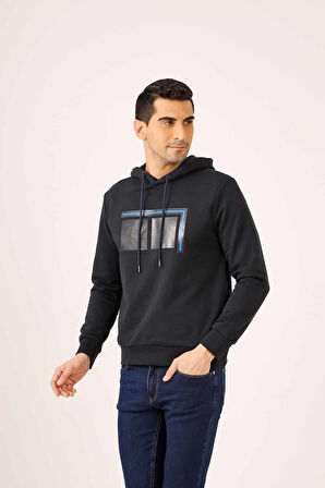 Dufy Lacivert Erkek Regular Fit Baskılı  Kapüşonlu Sweatshirt - 90920