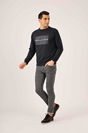 Dufy Lacivert Erkek Regular Fit Baskılı Pamuklu Bisiklet Yaka Sweatshirt - 90925