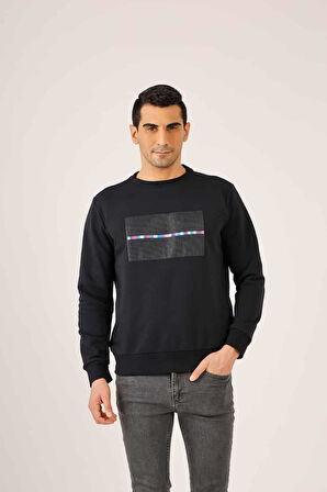 Dufy Lacivert Erkek Regular Fit Baskılı Pamuklu Bisiklet Yaka Sweatshirt - 90925