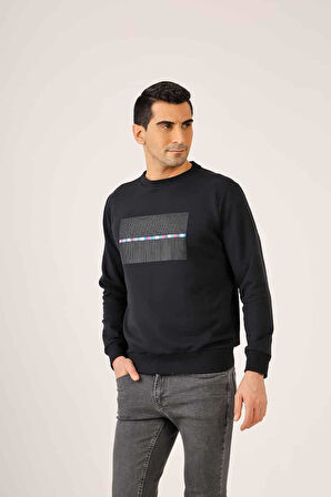 Dufy Lacivert Erkek Regular Fit Baskılı Pamuklu Bisiklet Yaka Sweatshirt - 90925