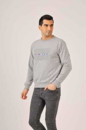 Dufy Gri Melanj Erkek Regular Fit Baskılı Pamuklu Bisiklet Yaka Sweatshirt - 90935