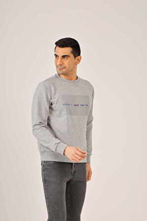 Dufy Gri Melanj Erkek Regular Fit Baskılı Pamuklu Bisiklet Yaka Sweatshirt - 90935