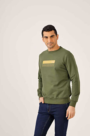 Dufy Haki Erkek Regular Fit Baskılı  Bisiklet Yaka Sweatshirt - 90940