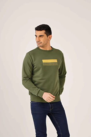 Dufy Haki Erkek Regular Fit Baskılı  Bisiklet Yaka Sweatshirt - 90940