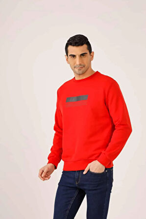 Dufy Kırmızı Erkek Regular Fit Baskılı  Bisiklet Yaka Sweatshirt - 90945