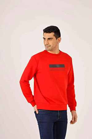 Dufy Kırmızı Erkek Regular Fit Baskılı  Bisiklet Yaka Sweatshirt - 90945