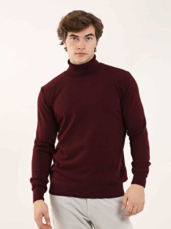 Dufy Bordo Erkek Slim Fit Düz Klasik Tam Balıkçı Yaka Kazak - 91062
