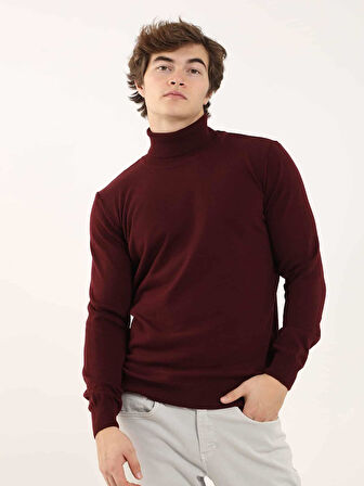 Dufy Bordo Erkek Slim Fit Düz Klasik Tam Balıkçı Yaka Kazak - 91062