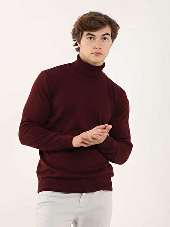 Dufy Bordo Erkek Slim Fit Düz Klasik Tam Balıkçı Yaka Kazak - 91062