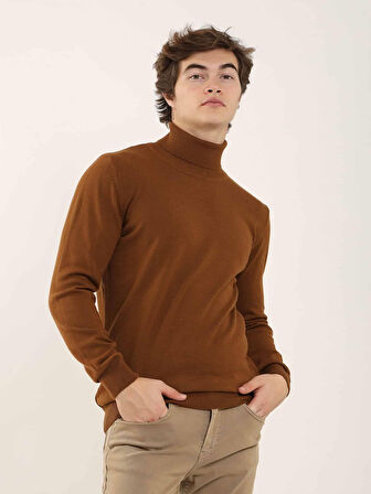 Dufy Tütün Erkek Slim Fit Düz Klasik Tam Balıkçı Yaka Kazak - 91072