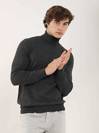 Dufy Antrasit Erkek Slim Fit Düz Klasik Tam Balıkçı Yaka Kazak - 91082