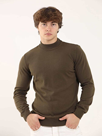 Dufy Haki Erkek Slim Fit Düz Klasik Yarım Balıkçı Yaka Kazak - 91087