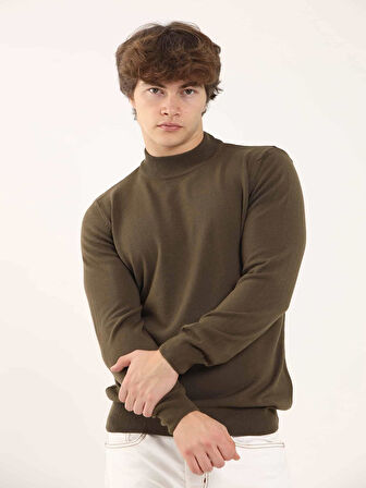 Dufy Haki Erkek Slim Fit Düz Klasik Yarım Balıkçı Yaka Kazak - 91087