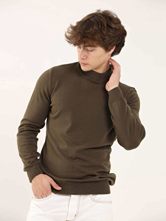 Dufy Haki Erkek Slim Fit Düz Klasik Yarım Balıkçı Yaka Kazak - 91087